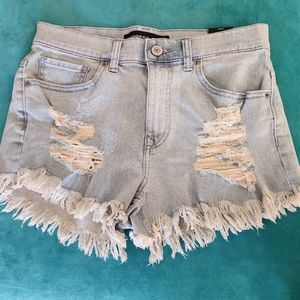 Express high-rise, light wash, distressed shorts